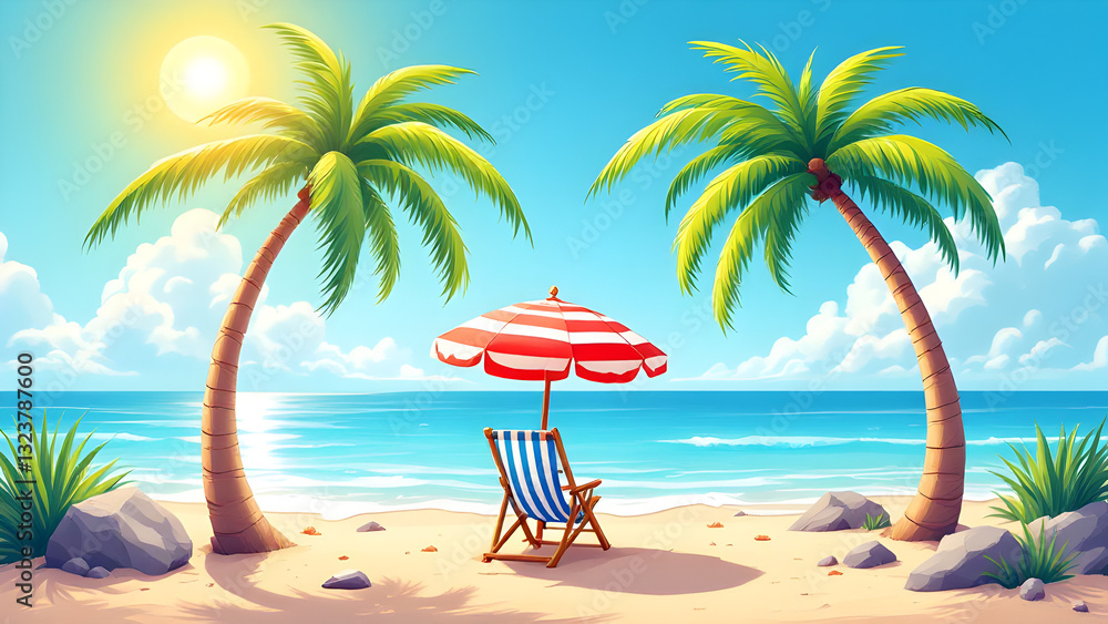 Obraz premium Idyllic Tropical Beach Scene with Palm Trees, Sunlit Ocean Waves, and Relaxing Lounge Chair Under a Red and White Umbrella – Perfect Summer Vacation Concept.