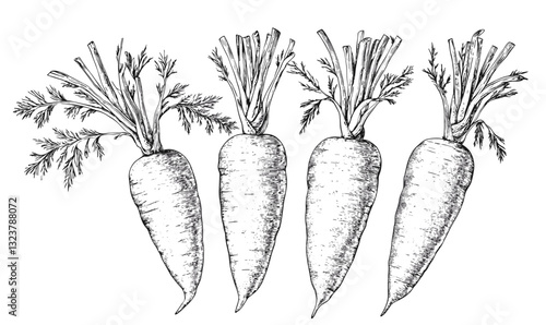 Hand-drawn carrots vector: detailed linear icons set in black and white.