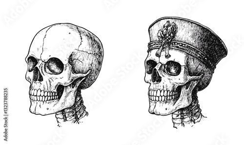 Two human skulls with hats in side view - flat icons set, vector.