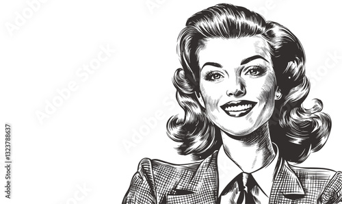 Retro smiling woman vintage style, black and white portrait in linear icons set, vector.