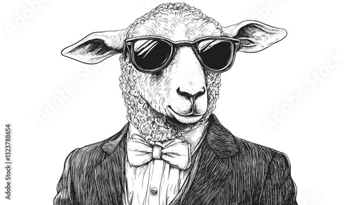 Cool sheep in suit and sunglasses: flat icons set, vector.