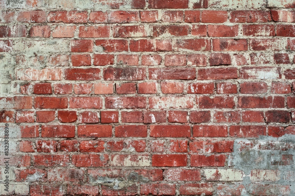 Fototapeta premium Weathered red brick wall with cement patches. AI generated