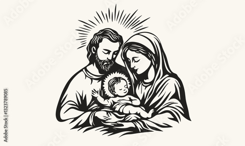 Holy family with baby jesus in flat style - vector icons set.