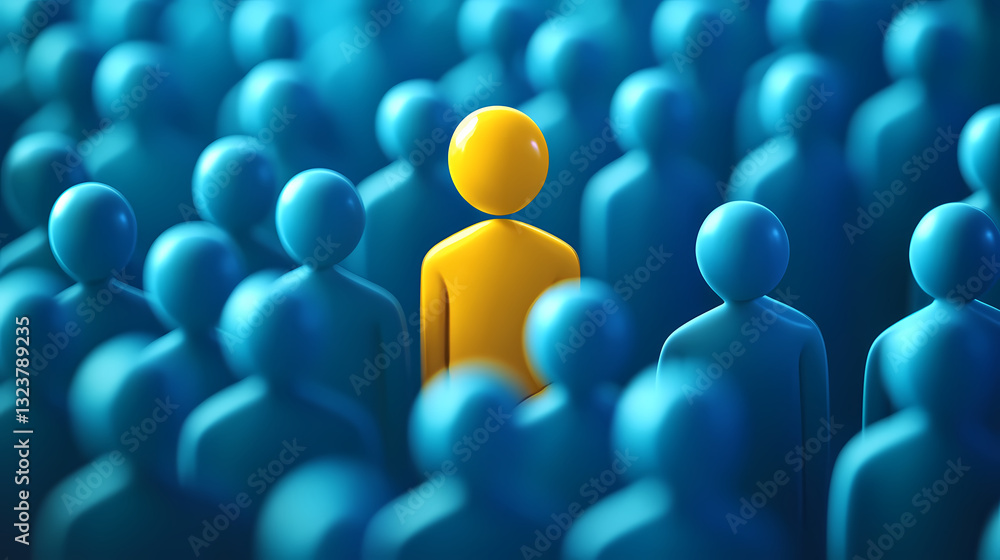 Yellow figure standing out among blue figures