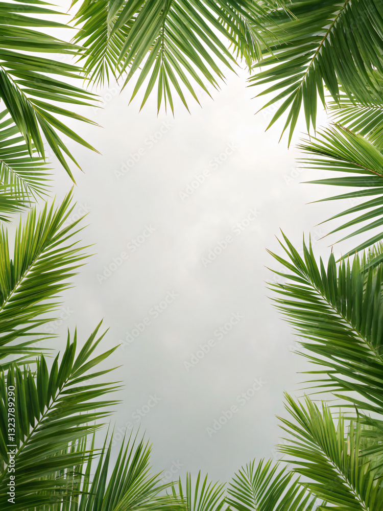 Fototapeta premium Lush Green Palm Fronds Framing a Soft Gray Sky with Textile-Like Texture