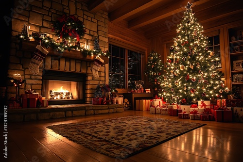 Wallpaper Mural Cozy Christmas living room with fireplace, decorated tree, and presents. Torontodigital.ca