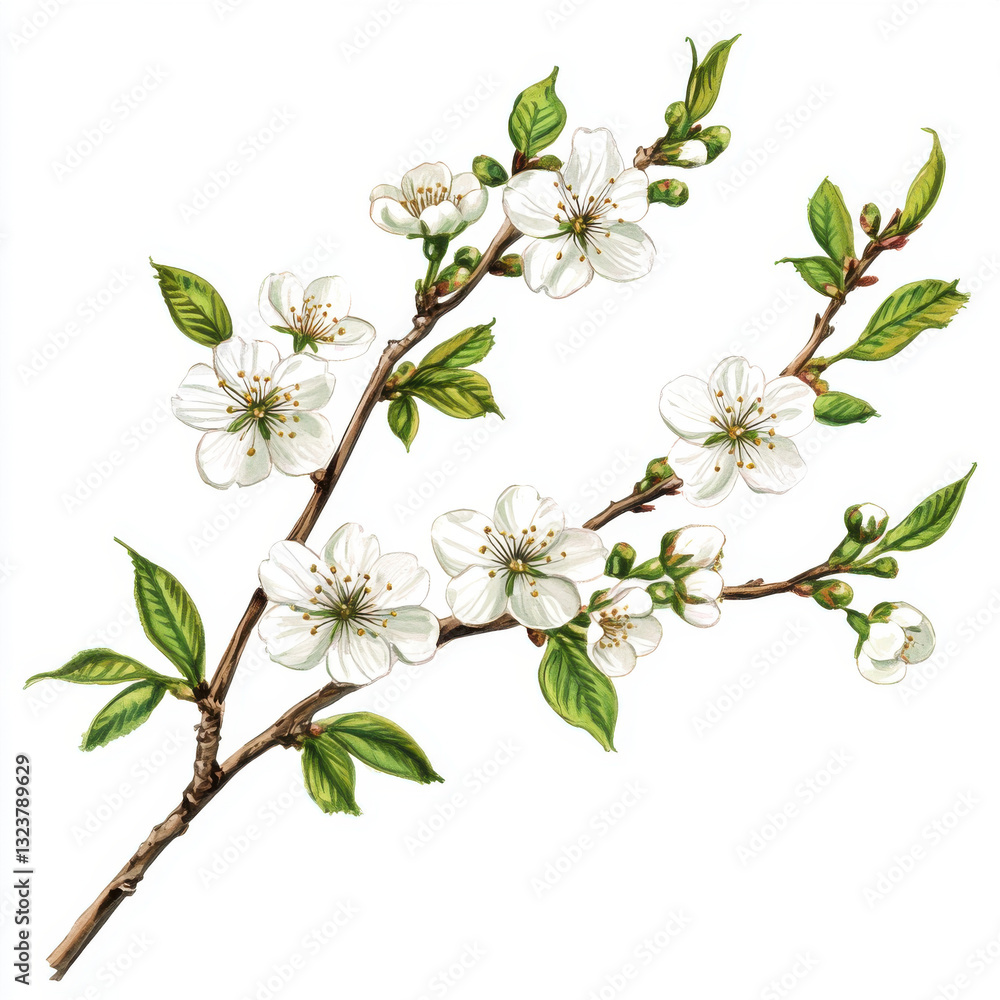Fototapeta premium beautiful illustration of cherry blossom branch with white flowers and green leaves, symbolizing spring and renewal