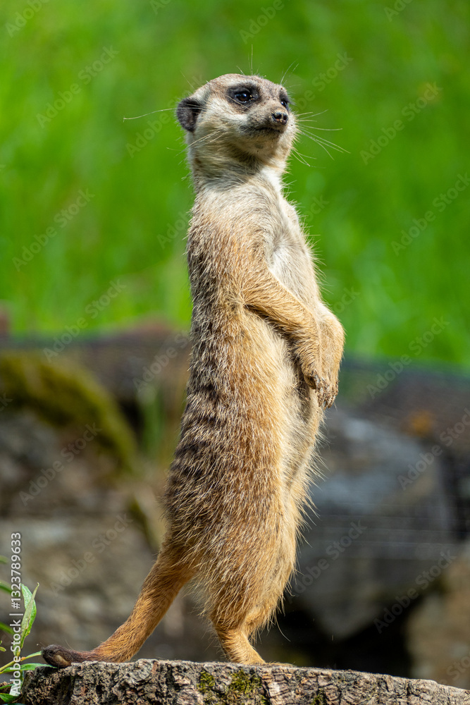 closeup portrait of suricate or meerkat (Suricata suricatta) standing in a zoo in Germany and watching from his lookout