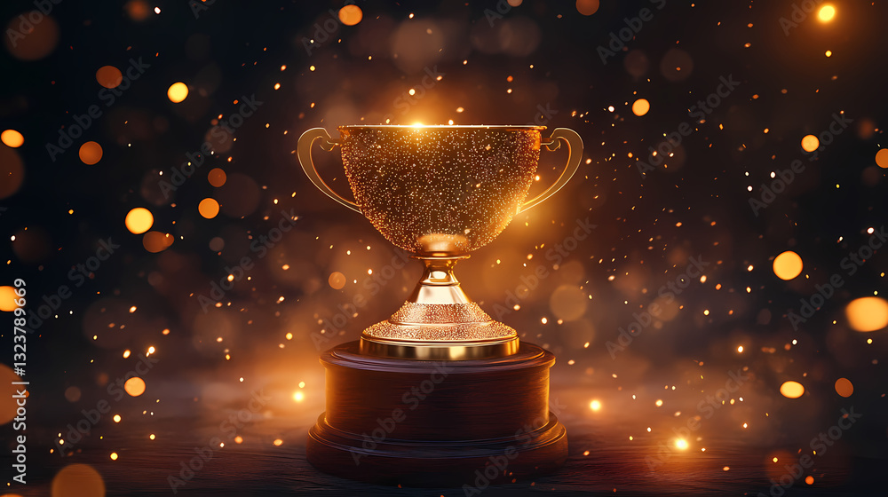 Golden trophy with sparkles on wooden base