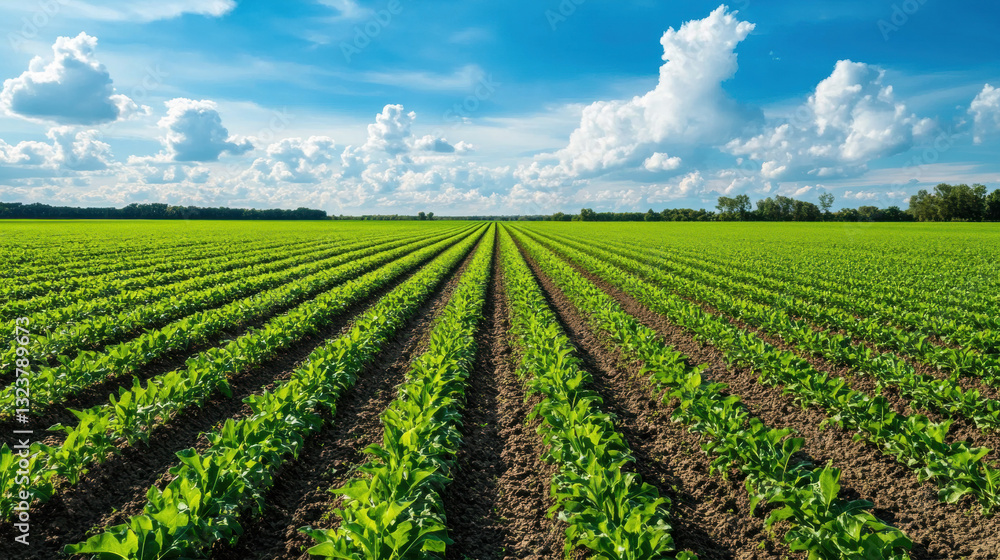 Vast green field under a bright blue sky with fluffy clouds. Vast green field under a bright blue sky with fluffy clouds.