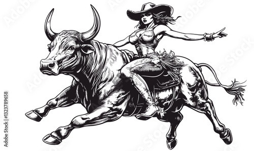 Cowgirl riding bull illustration, energetic rodeo adventure icons set, flat vector.