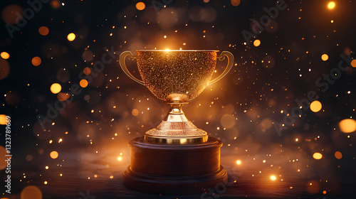 Obraz na płótnie Golden trophy with sparkles on wooden base w salonie