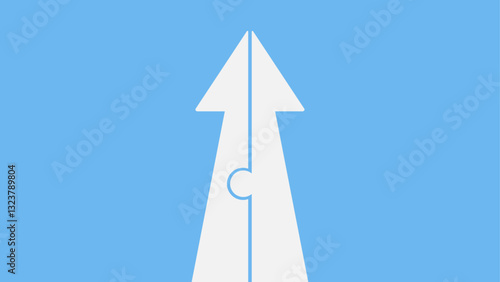 Two white puzzle pieces form an arrow moving upwards, symbolizing growth, teamwork, strategy, and progress on a blue background.