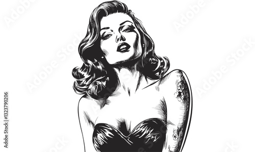 Glamorous woman with tattoos, retro style, black and white, vector, linear, icons set.
