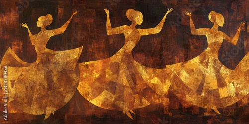 Dancing Silhouettes: Three graceful figures in flowing dresses dance in unison against a warm, textured backdrop, conveying a sense of movement and cultural expression.