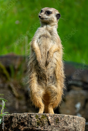 Obraz na płótnie closeup portrait of suricate or meerkat (Suricata suricatta) standing in a zoo in Germany and watching from his lookout w salonie