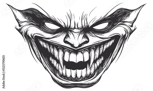 Creepy clown face with sinister smile, horror theme, black and white, flat style, icons set, vector.