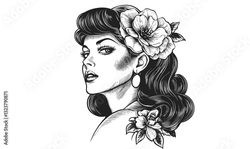 Retro woman portrait with floral hair accessories, flat icons set, vector.
