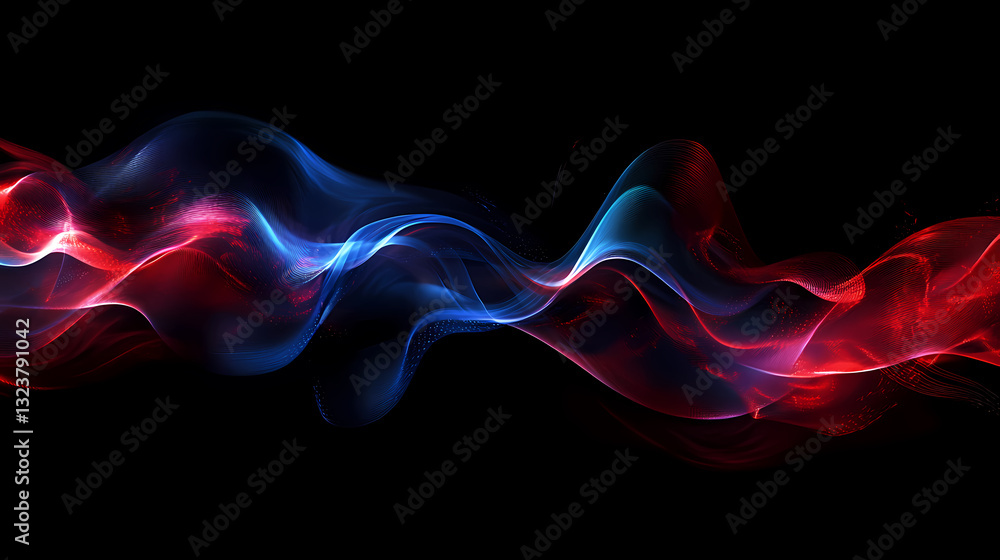 Red and blue abstract wave lines on black background
