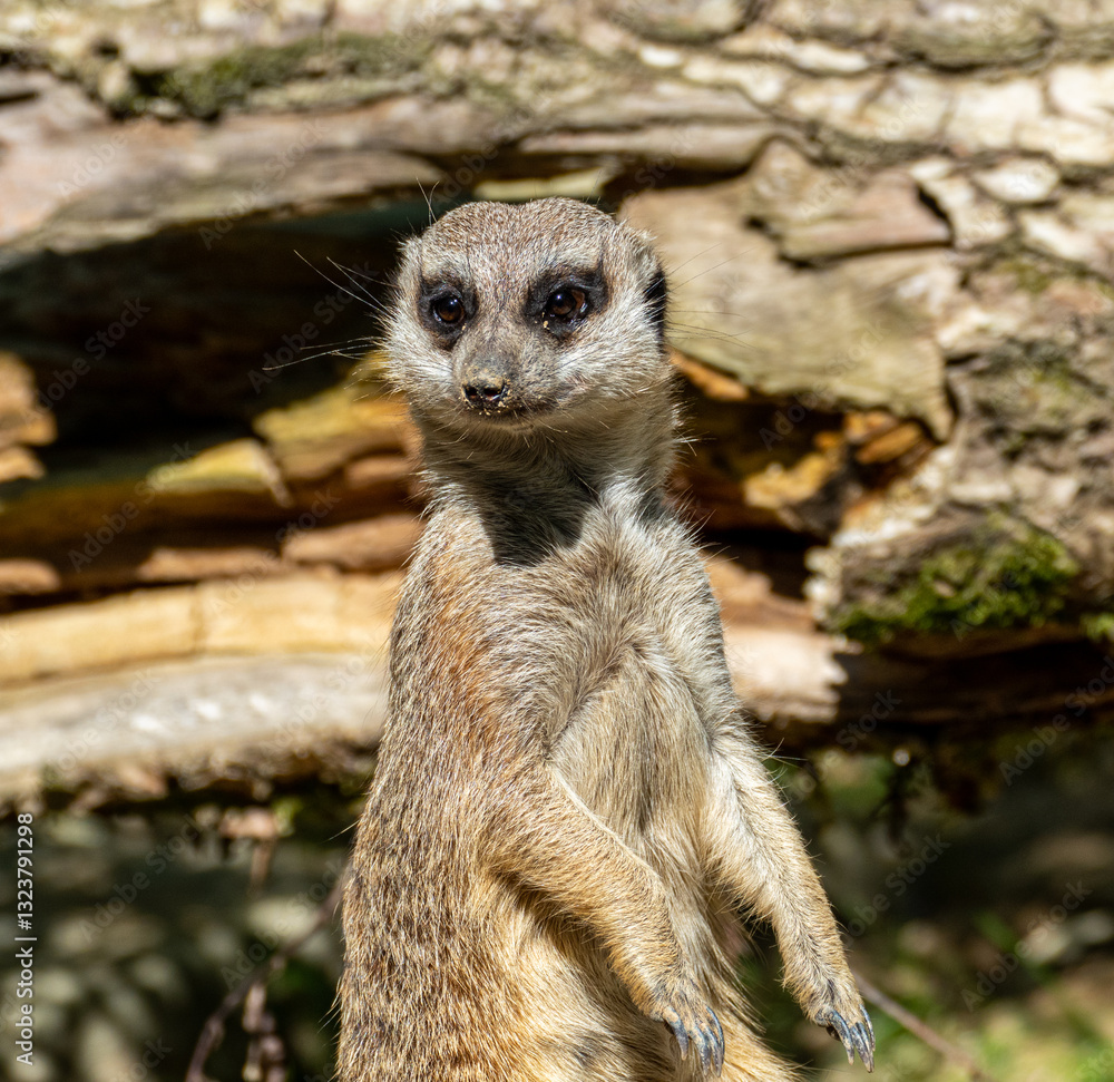 closeup portrait of suricate or meerkat (Suricata suricatta) standing in a zoo in Germany and watching from his lookout