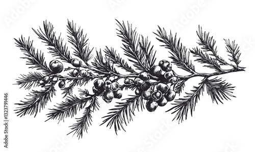 Juniper branch with berries vector - black and white botanical illustration, linear icons set.