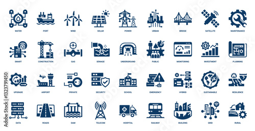  infrastructure elements collection dark blue icons, modern life, planning investment monitoring upgrade
