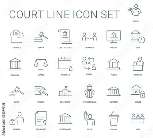 court justice minimal simple line icon set, verdict witness corporate international