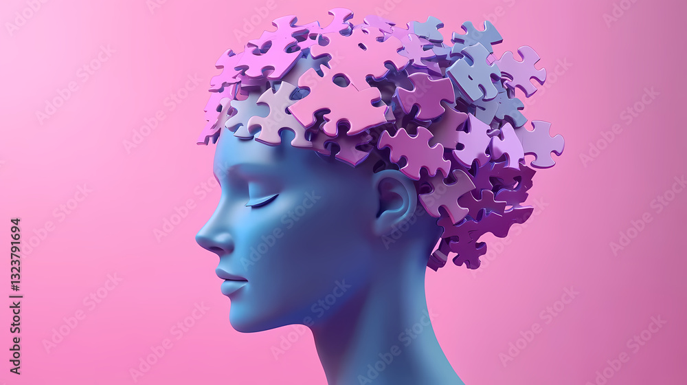 Blue face silhouette with puzzle pieces