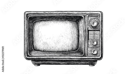 Vintage television with dials, black and white drawing - linear icons set - vector.