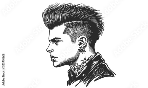 Punk rock style haircut with tattoos in leather jacket - linear icons set - vector.