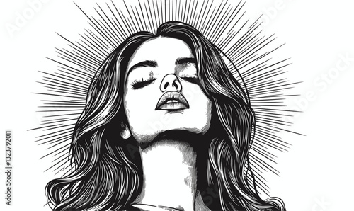 Elegant portrait of a serene woman with radiant lines, artistic vector, linear icons set.