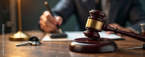 Gavel falls on wooden desk with car key and auctioneer's microphone , gavel, wooden desk