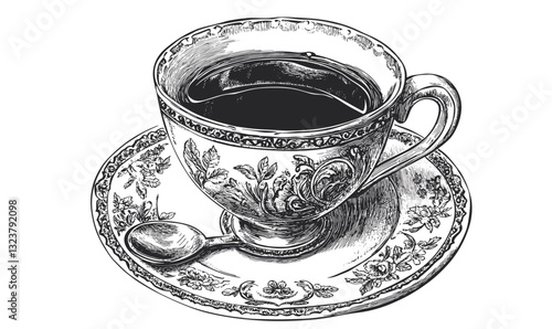 Elegant teacup and saucer with spoon illustration, floral design, flat icons set, vector.