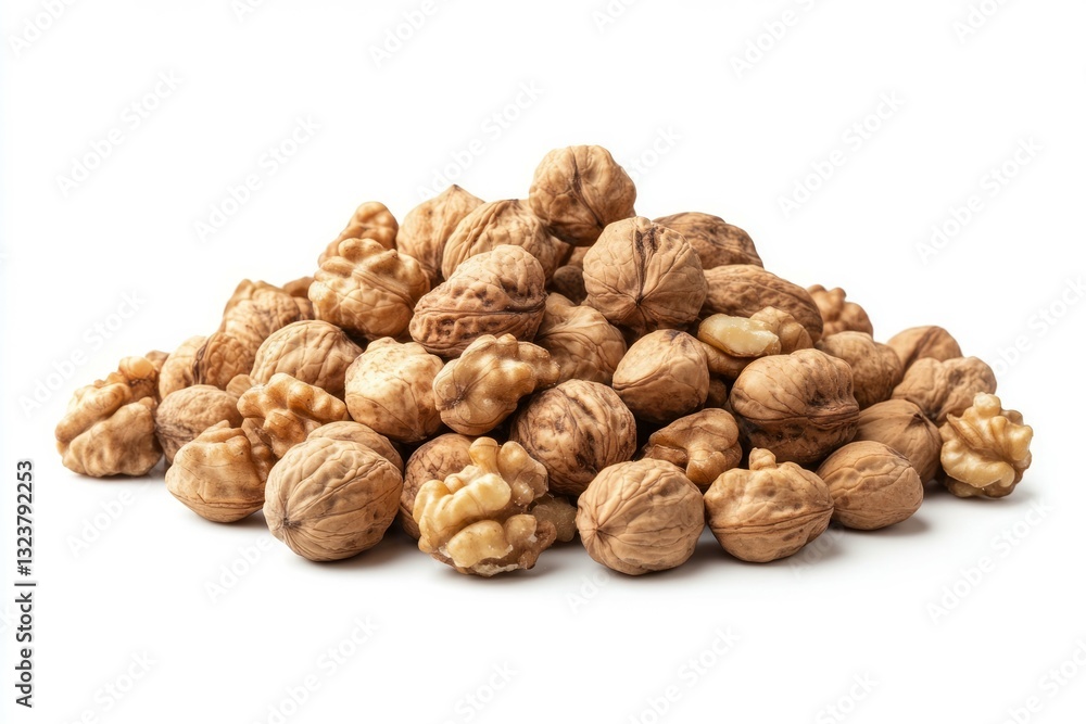 Pile of walnuts on white background nutty texture display. AI generative Pile of walnuts on white background nutty texture display. AI generative