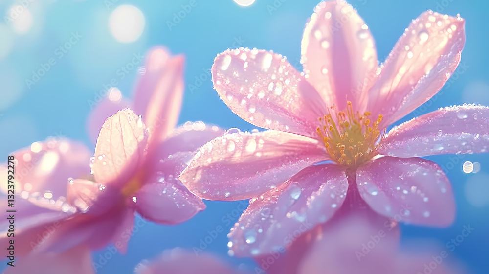 Close-up of pink flowers with dew drops in sunlight