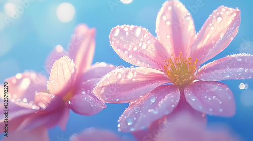 Obraz na płótnie Close-up of pink flowers with dew drops in sunlight w salonie
