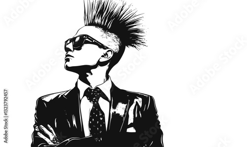 Punk rock fashion icon in suit and sunglasses, vector art, linear icons set.