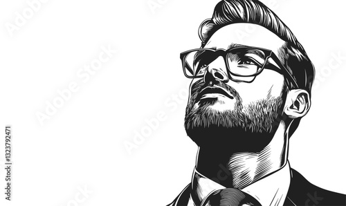 Business professional portrait in glasses, looking upward, confidence and focus, linear icons set, vector style.