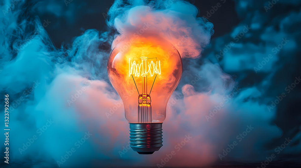 Glowing light bulb in blue and pink smoke
