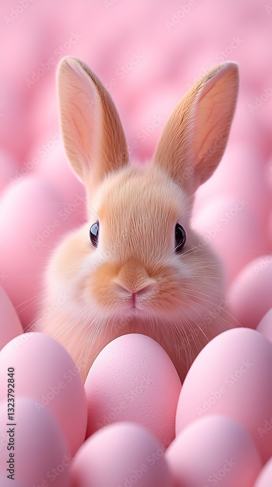 Fototapeta premium Cute bunny surrounded by pink Easter eggs. (1)
