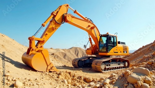 Powerful orange excavator digs into sandy earth, sand, bulldozer