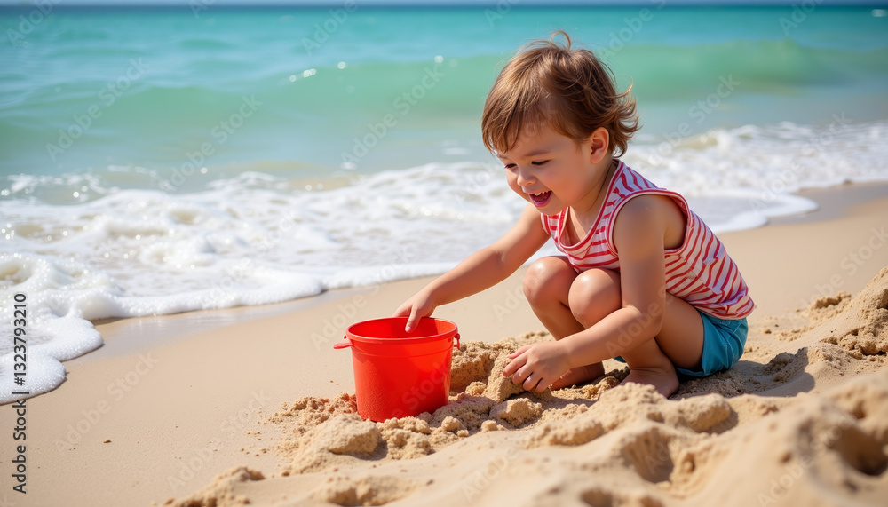 Joyful child playing in sand by the ocean, beach vacation fun Joyful child playing in sand by the ocean, beach vacation fun