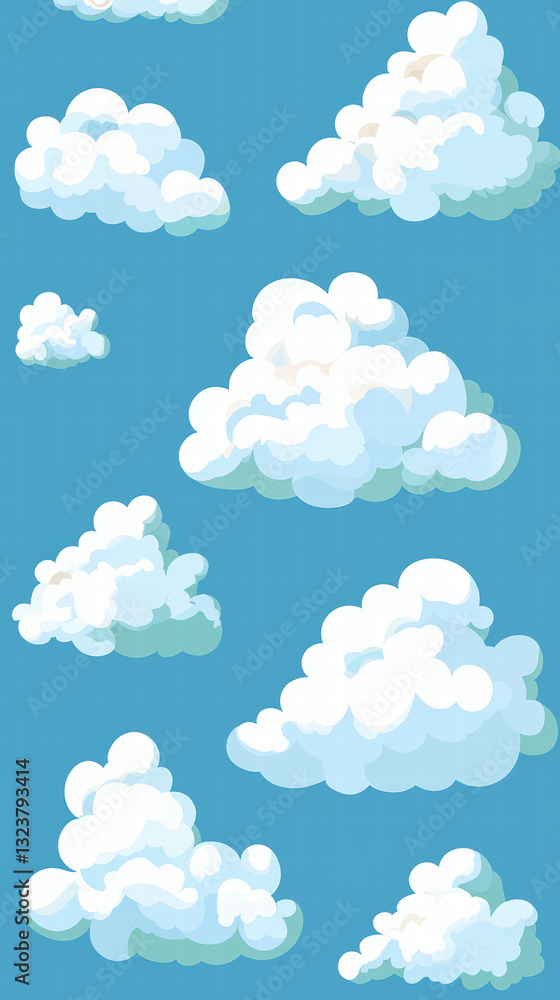 Obraz premium Cloudscape Illustration: A whimsical pattern of fluffy white clouds against a serene blue sky, evoking a sense of freedom, peace, and dreamy atmosphere.