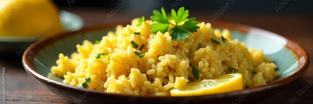 Steaming hot rice pilau served with a sprinkle of fresh parsley and lemon wedges on the side, flavorful food, healthy meal Steaming hot rice pilau served with a sprinkle of fresh parsley and lemon wedges on the side, flavorful food, healthy meal