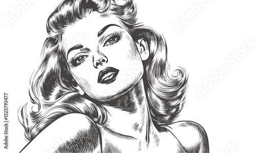 Elegant woman portrait in retro style - linear icons set, vector.