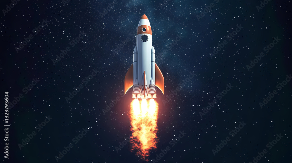 Rocket launch in space with flames