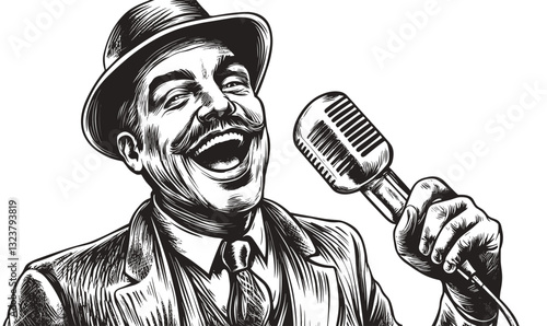 Retro singer with microphone icon set in linear style - vector.
