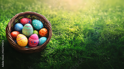 Easter basket with colorful eggs on the grass
