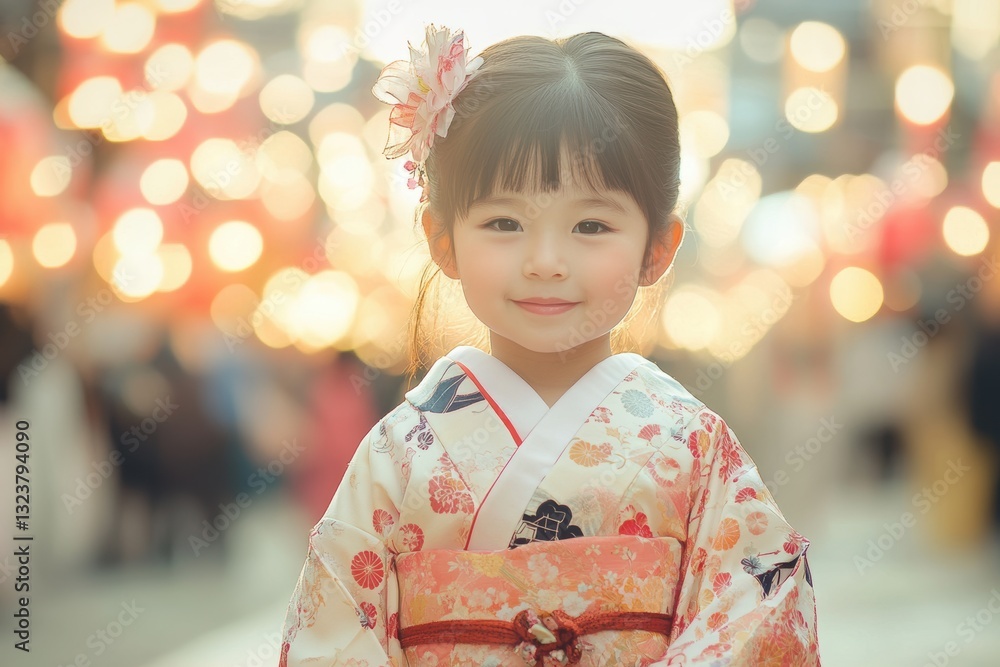 Smiling Girl in Kimono: Portrait of a young girl adorned in a traditional kimono, radiating joy and innocence, set against a vibrant background. Smiling Girl in Kimono: Portrait of a young girl adorned in a traditional kimono, radiating joy and innocence, set against a vibrant background.