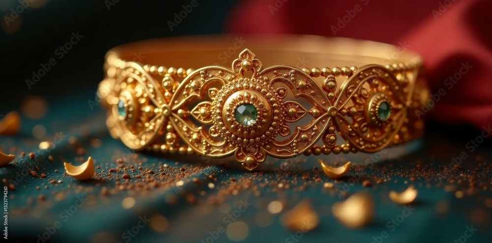 Close-up shot of delicate gold filigree on the Odiyanaam style mango belt , decorative , golden Close-up shot of delicate gold filigree on the Odiyanaam style mango belt , decorative , golden